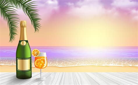 Romantic sunset vector background with a champagne bottle mockup and a glass of aperol spritz ...