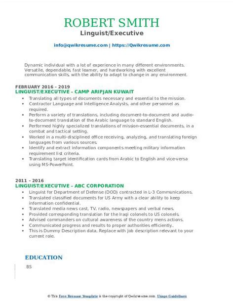 Linguist Resume Samples | QwikResume