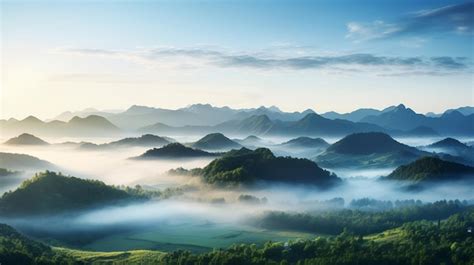 Aerial view of green hills with fog at sunrise | Premium AI-generated image