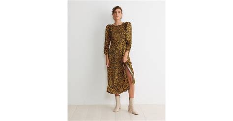 Oliver Bonas Brushed Animal Print Ochre Yellow Midi Dress in Gold ...