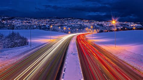 Download Night Light Norway Snow Winter Road Photography Time Lapse HD Wallpaper