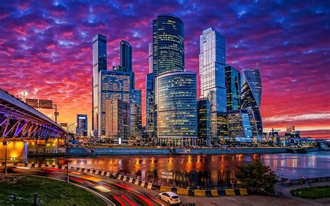 Moscow City at evening, sunset, R, Russia, modern buildings, Moscow ...