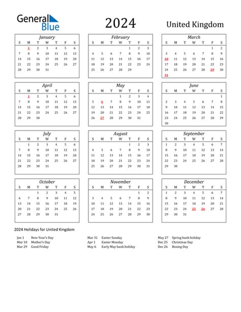 2024 United Kingdom Calendar with Holidays