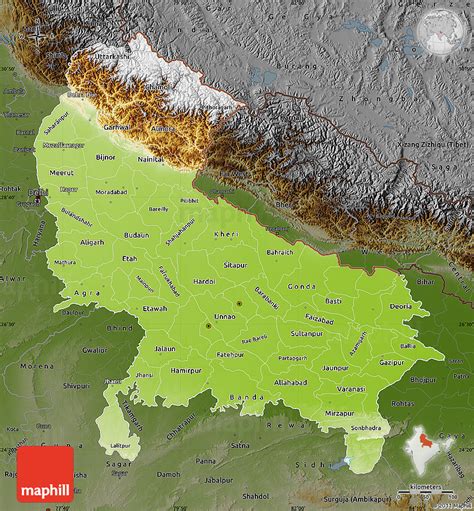 Physical Map of Uttar Pradesh, darken