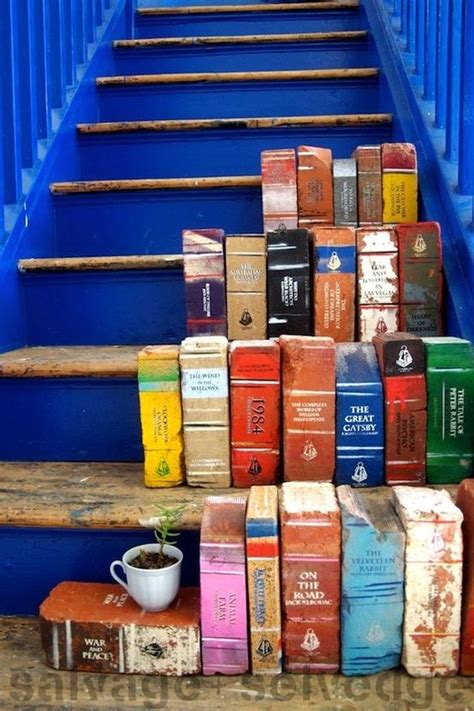 Brick books on a blue staircase ... perhaps to use at bookends | Old ...