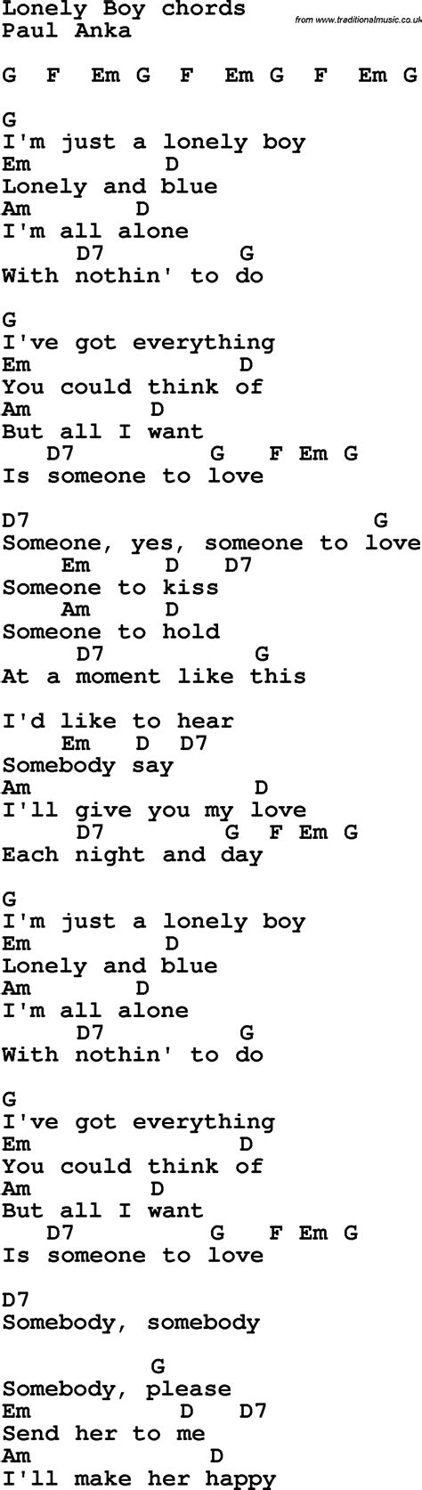 Song lyrics with guitar chords for Lonely Boy