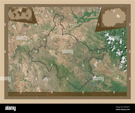 Stip, municipality of Macedonia. Low resolution satellite map. Locations of major cities of the ...