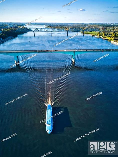 Ship with bridges on Volga River against sky during sunny day, Stock ...