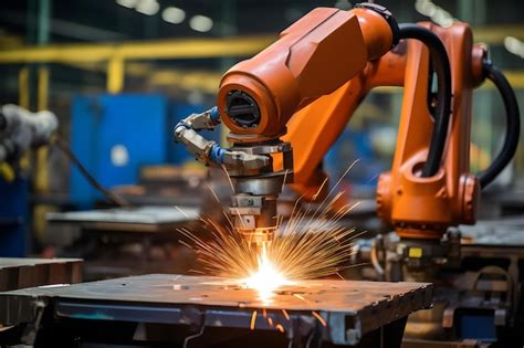 Premium AI Image | HighTech Industrial Robot Welding Metal with Dazzling Sparks in a Moder