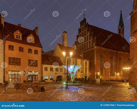 Riga. Old street at night. stock photo. Image of latvian - 129857960