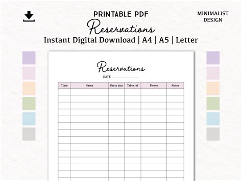 Reservations List Digital Download PDF Printable A4 A5 - Etsy UK in 2022 | Printable planner ...