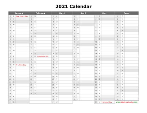 Free Download Printable Calendar 2021, month in a column, half a year per page