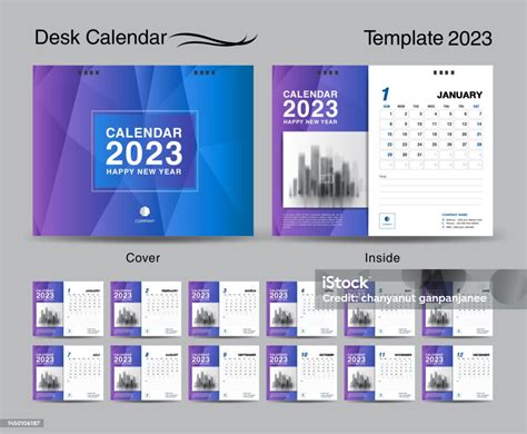 Desk Calendar 2023 Template Set And Blue Cover Design Set Of 12 Months Creative Calendar 2023 ...