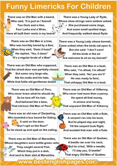 Funny Limericks For Kids & Students: English ESL worksheets pdf & doc