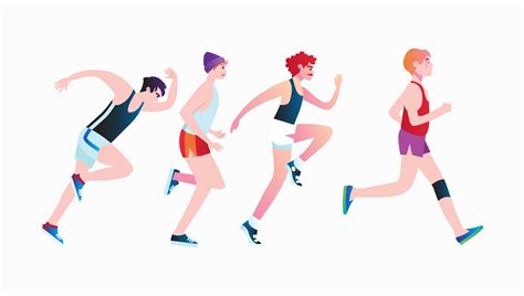 hombres vestidos con ropa deportiva corriendo una carrera de maratón. personajes de dibujos ...