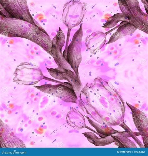 Tulip. Watercolor Background. Abstract Wallpaper with Floral Motifs. Seamless Pattern. Wallpaper ...