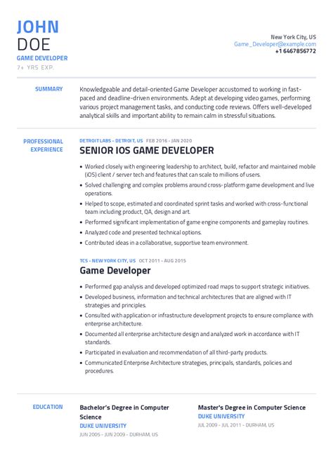 Game Developer Resume Example With Content Sample | CraftmyCV