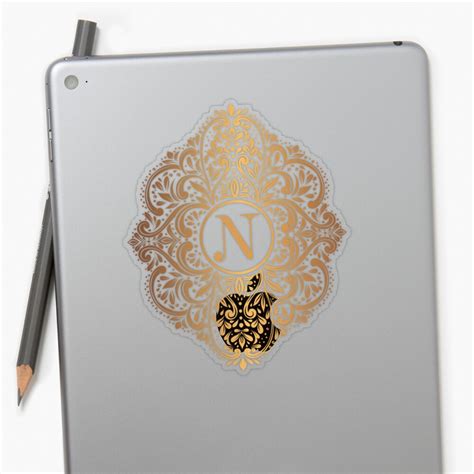 "Personalized monogram with initial letter N. Gold and black luxury leaf pattern. " Sticker by ...