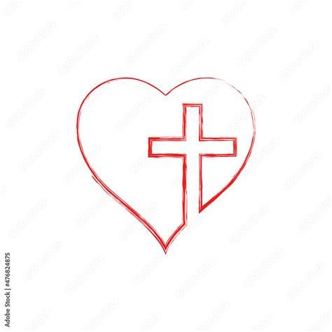 Christian cross sign in the heart inside. Continuous line drawing. Flat ...