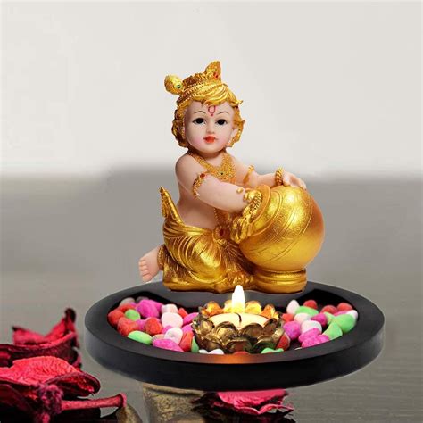 Baby Krishna Resin Sculpture Lord Krishna Makhan Chor Idols Statue with Wooden Flowers - Taajoo