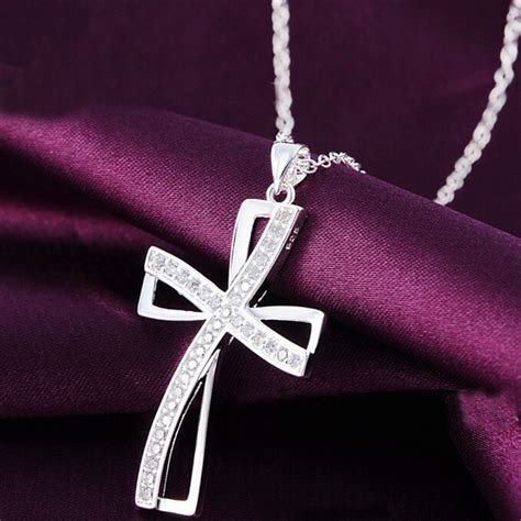 925 Sterling Silver Women Cross Necklace Crystal Chain Jewelry ...