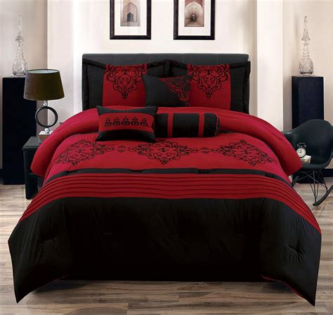 Heba Queen Size 7-Piece Comforter Set Red & Black Bed in a Bag Over-Sized Embroidered Bedding ...