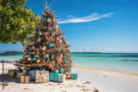 Big green christmas tree on the beach with present boxes Stock Photo ...