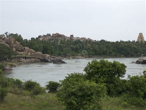 Panorama of River Tungabhadra and Ghat and Virupaksha Temple Stock Photo - Image of terrain ...