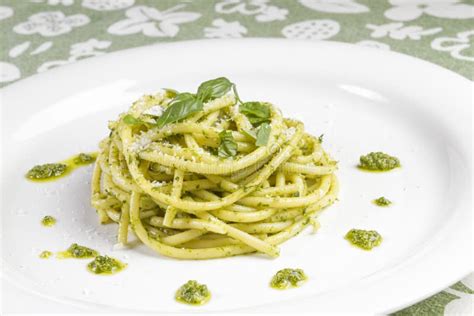 Spaghetti Pasta Bucatini with Pesto Sauce and Parmesan from Wild Garlic ...