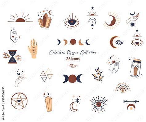 Vetor de Celestial Magic illustration of icons and symbols of sun, moon, crystals, evil eye ...