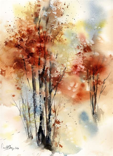 Autumnal Trees Original Watercolor Painting, Autumn Nature Inspired Painting, Landscape Nature ...