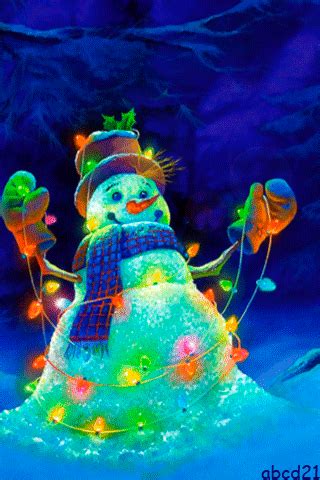 a snowman is standing in the snow with christmas lights