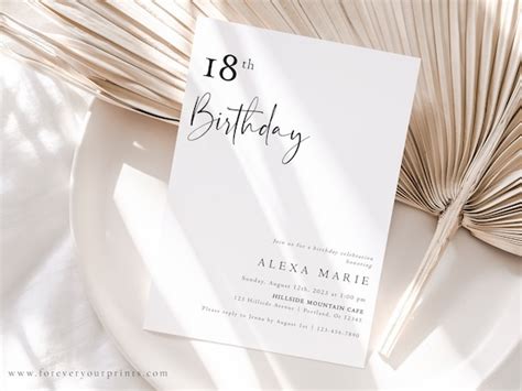 18th Birthday Invitation Template, Minimalist Birthday Invites, Modern ...