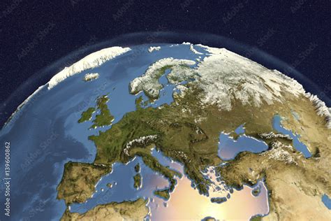 Planet Earth from space showing Europe in winter with enhanced bump, 3D illustration, Elements ...