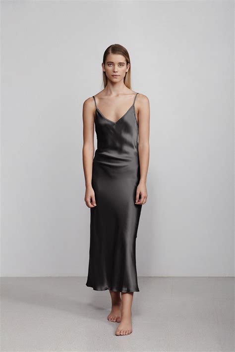 Long V Neck silk Slip Dress, Hammered Black – oosel