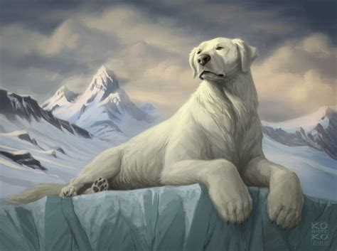 a painting of a polar bear sitting on an iceberg with mountains in the background