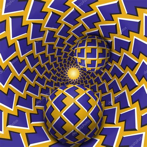 Optical illusion illustration. Two balls are moving in mottled hole. Blue corners on yellow ...