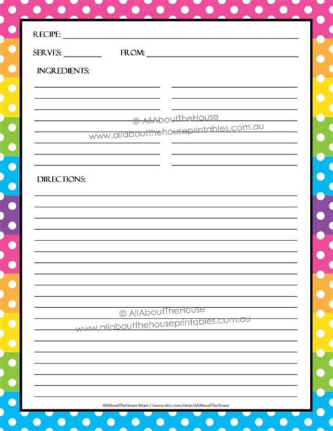 EDITABLE Printable Recipe Card, Template, Pdf, Sheet, Recipe Page ...