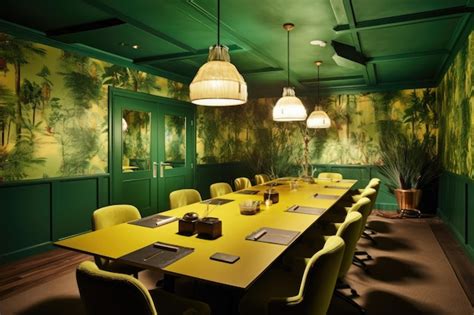 Premium Photo | A conference room with a green and yellow wallpaper