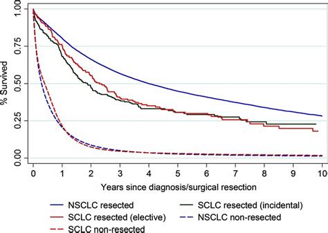 Kaplan–Meier survival analysis of resected and unresected patients with... | Download Scientific ...