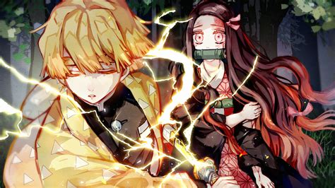 Demon Slayer Nezuko Kamado Zenitsu Agatsuma With Lightning Sword With Background Of Trees HD ...