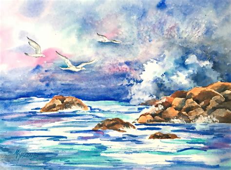 Seascape Watercolor, Ocean Waves, Rocks, Beach, Seagull, Original Art ...