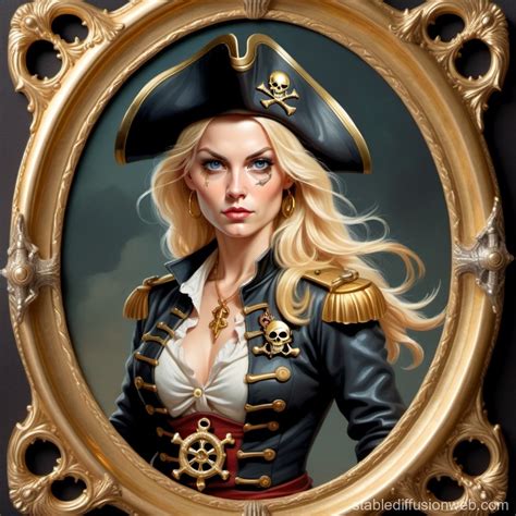 Blonde Pirate Captain with Cutlass and Pistol in Dragon Themed Oval Gold Frame | Stable ...