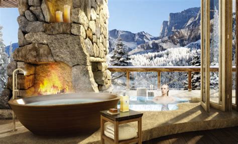 Tub and fireplace | Outdoor tub, Luxury ski chalet, Amazing bathrooms