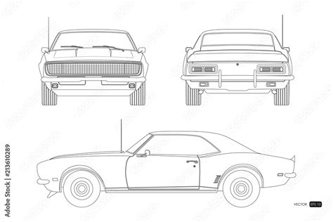 Blueprint of retro car. American vintage automobile of 1960s in outline ...