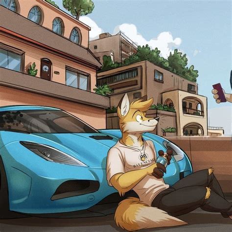 a fox is sitting on the ground next to a blue sports car and a man