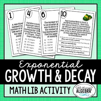 Exponential Growth and Decay Applications | Math Lib Activity | TPT