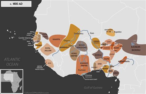 Historical map of West Africa, c. 1800 AD, showing the kingdoms of ...