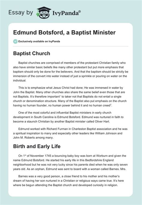 Edmund Botsford, a Baptist Minister - 5607 Words | Biography Essay Example