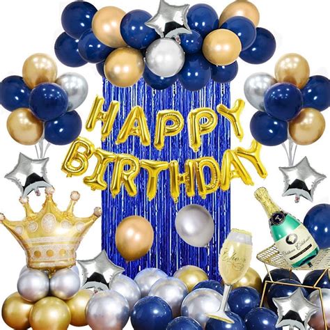 specool Men's Birthday Balloon Set Party Decorations Blue Silver And Gold Party Balloons Happy ...